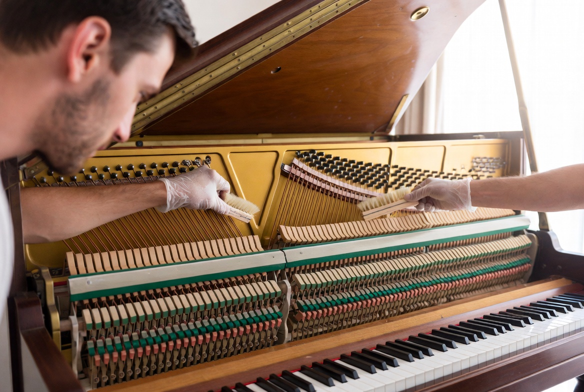 Cleaning dust from a piano keyboard and action in Orange County